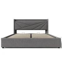 Letto Matrimoniale con Contenitore, Funzione di Ricarica USB Tipo C, in Cotone Lino, Senza Materasso, 160x200cm, Grigio
