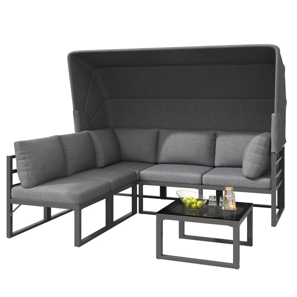 Set giardino 4 pezzi: sdraio + isola + salotto + sgabello + tavolo + tendalino; resistente; grigio; cuscini