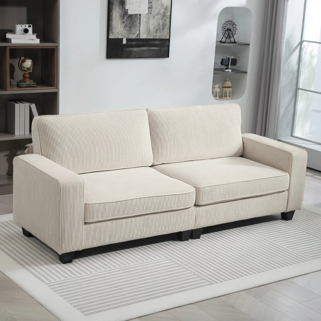 Divano dritto 3 posti con braccioli cuscini e seduta a molle in poliestere bianco crema 227 × 84 × 87 cm