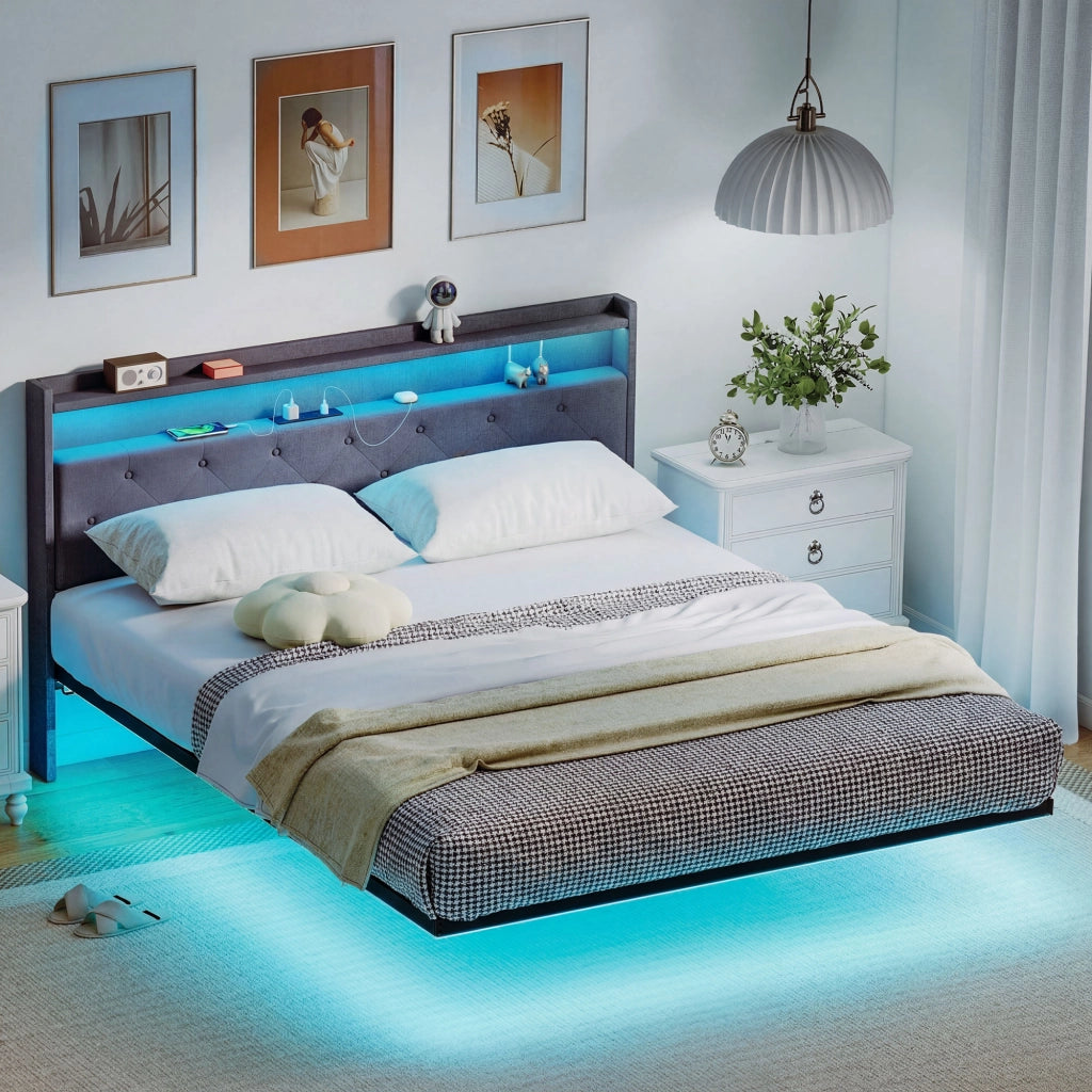 Letto Matrimoniale con Luci LED e Stazione di Carica ¨C zephmum ¨C Grigio 160x200 cm