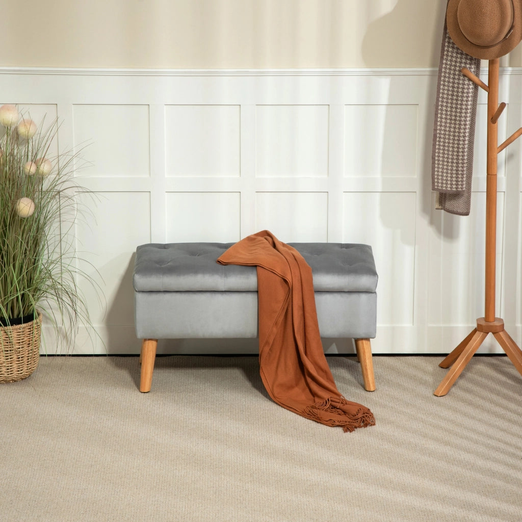 Panca contenitore imbottita con spazio nascosto, bottoni decorativi e gambe in legno in poliestere grigio 80 × 35 × 40 cm