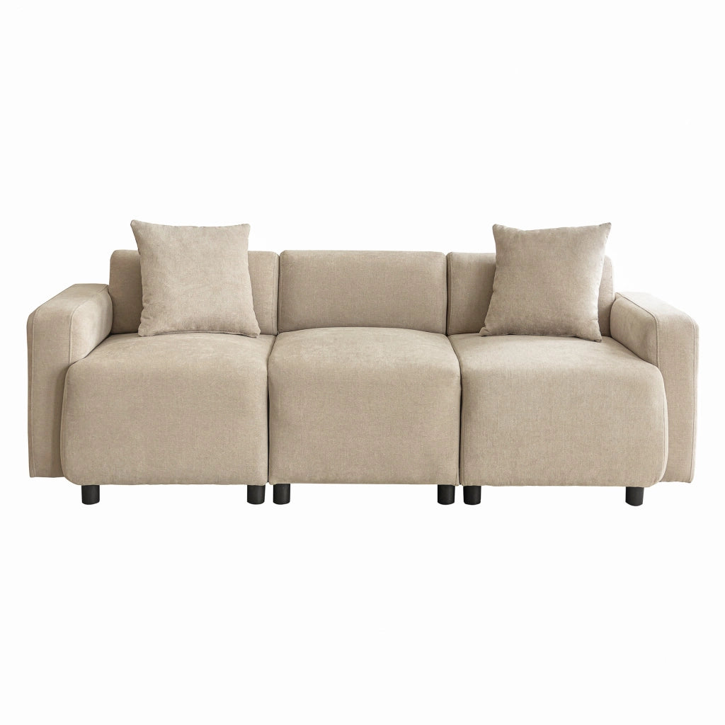Sofa 3-4 posti in tessuto Chenille beige, design moderno con 2 cuscini, seduta ampia 57 cm