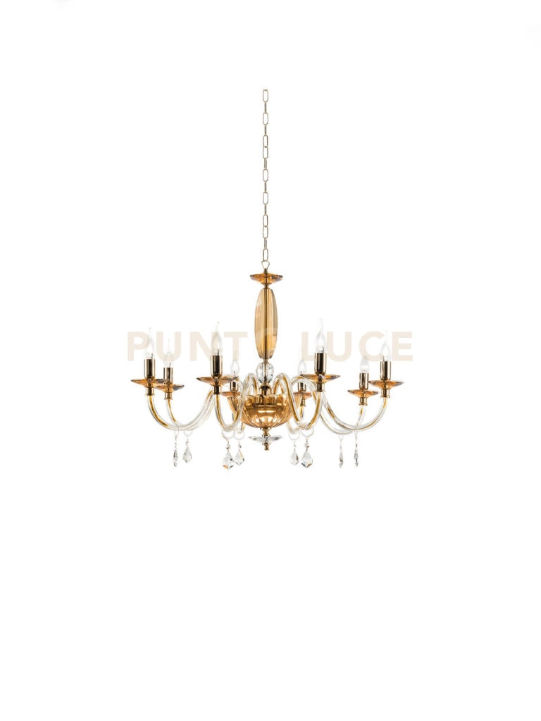 LAMPADARIO CECILIA 8 LUCI VETRO E CRISTALLO AMBRA E TRASPARENTE ATTACCO E14 D.85CM
