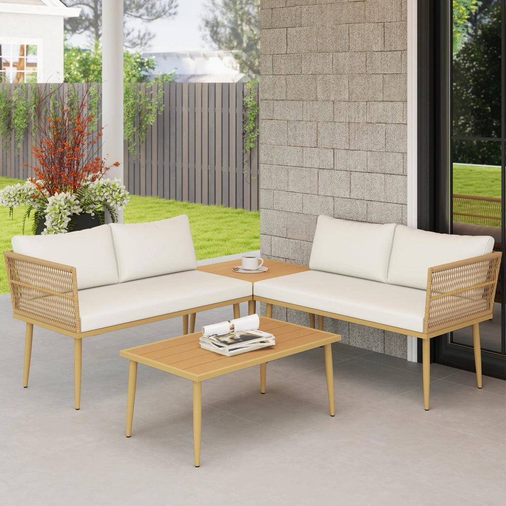 Set Salotto da Esterno in Rattan PE con 2 Divani a 2 Posti con Cuscini e 2 Tavoli da Caff¨¨, Colore Legno