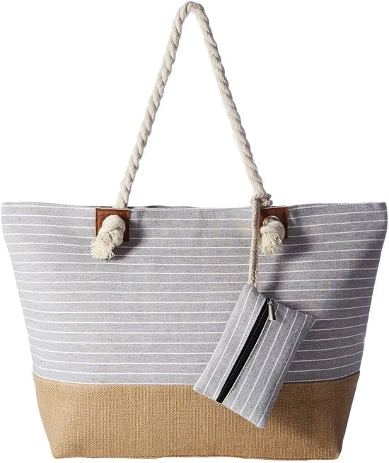 Tas da spiaggia con cerniera, grande tas da spiaggia XXL, shopper per donne - tas da spiaggia pratica con spalla per donne per spiaggia e mare - a strisce grigie