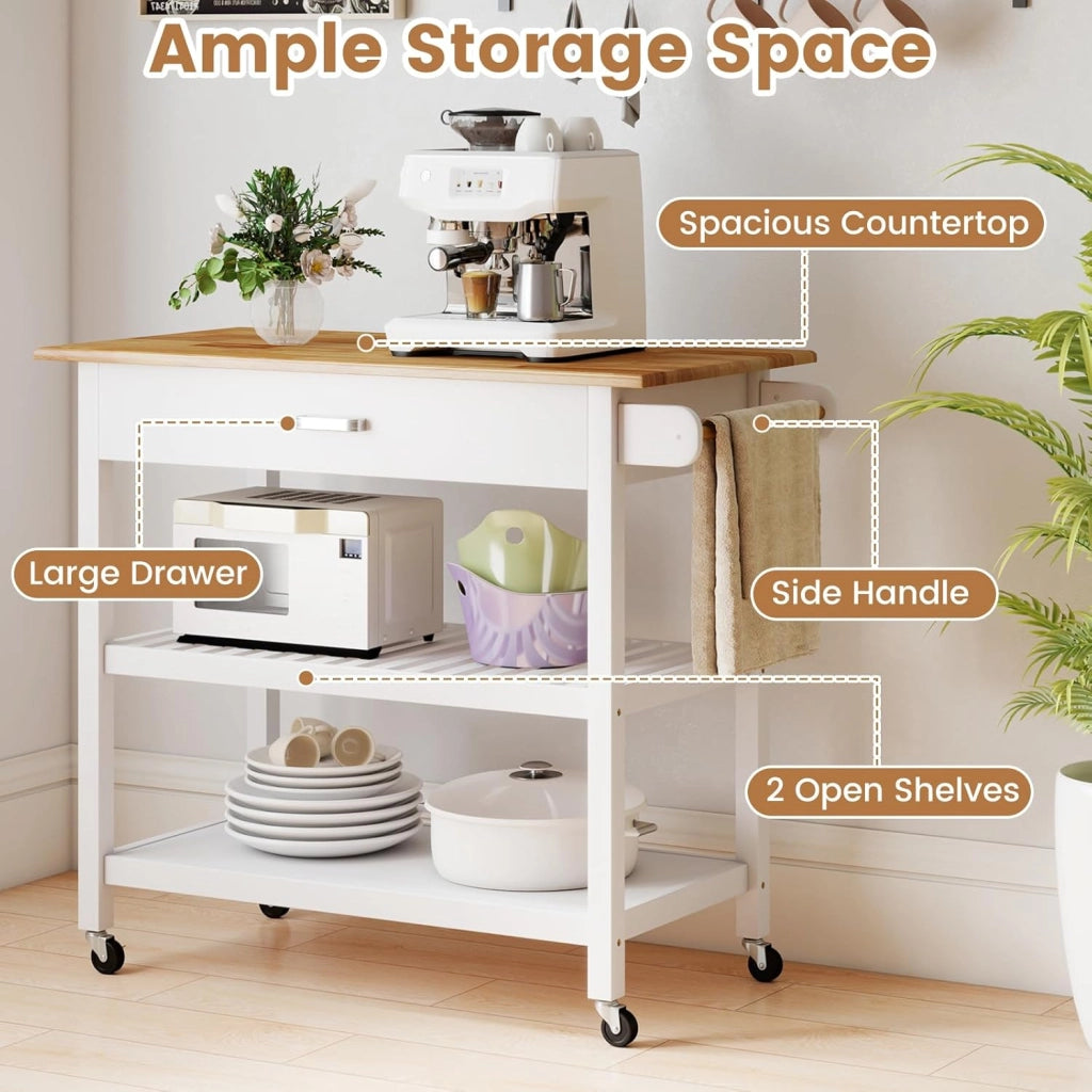Carrello da cucina con piano di lavoro, armadio da cucina con ruote, carrello da portata con cassetto e 2 ripiani aperti, carrello da cucina con portasciugamani, mobile da cucina, in legno