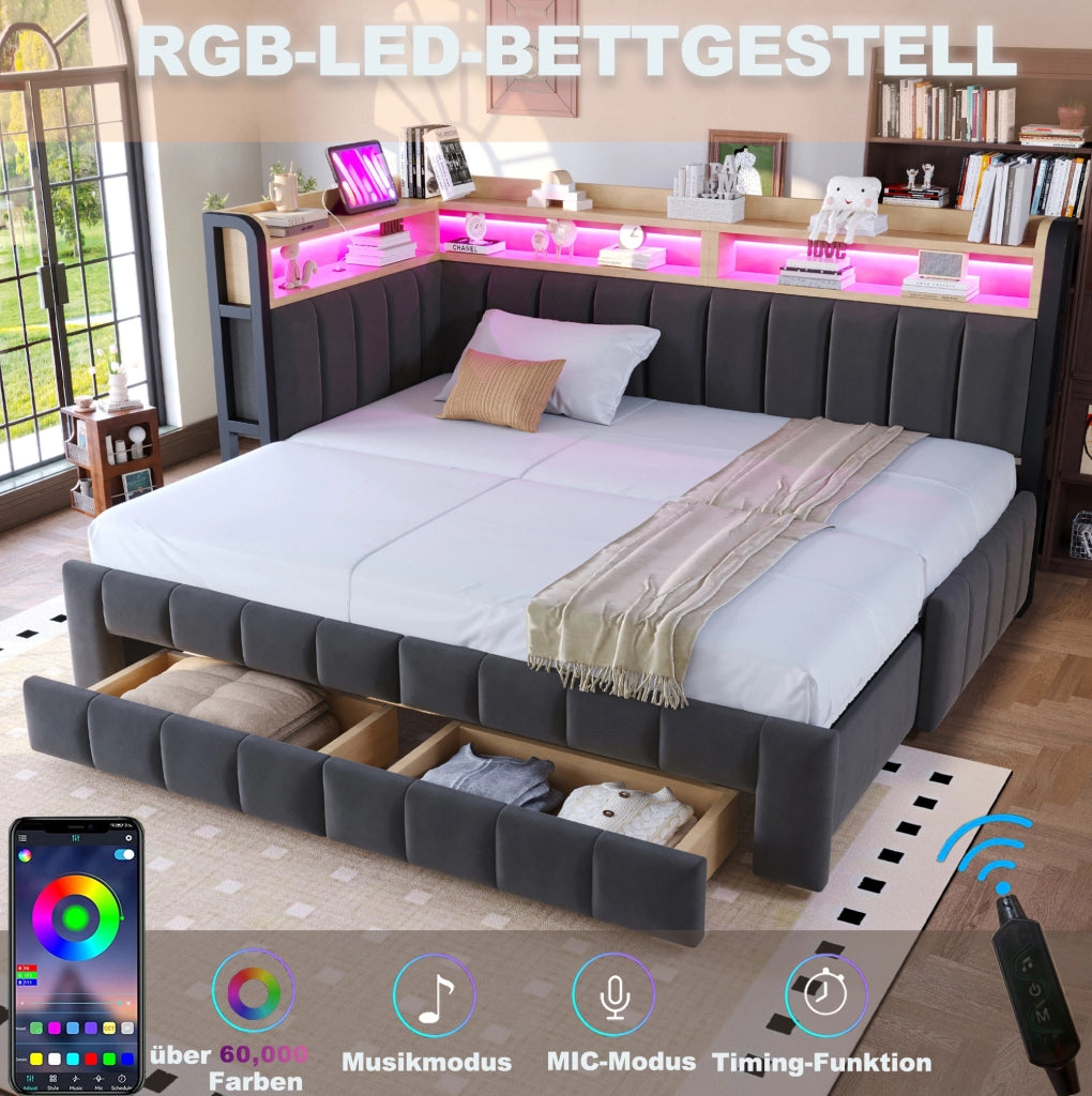 Divano letto estraibile 90/180 x 200 cm con 2 cassetti; LED; USB e Type-C; velluto grigio scuro