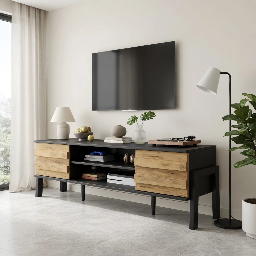 Cassettiera TV nera in truciolare lunghezza 175 cm