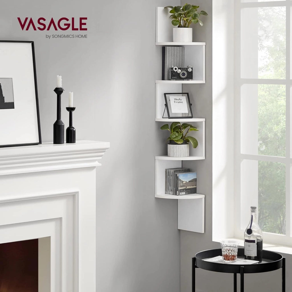 Libreria Angolare, Mensola Angolare da Muro, Scaffale da Parete a 5 Ripiani, 126 x 20 cm, in Camera da Letto Soggiorno Bagno Studio, Porta Piante, Bianco Nuvola LBC20WT