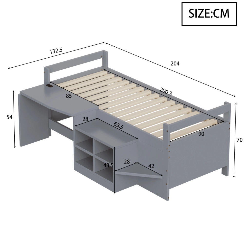 Letto multifunzionale 90x200 cm con scrivania; vani contenitore e prese USB; grigio