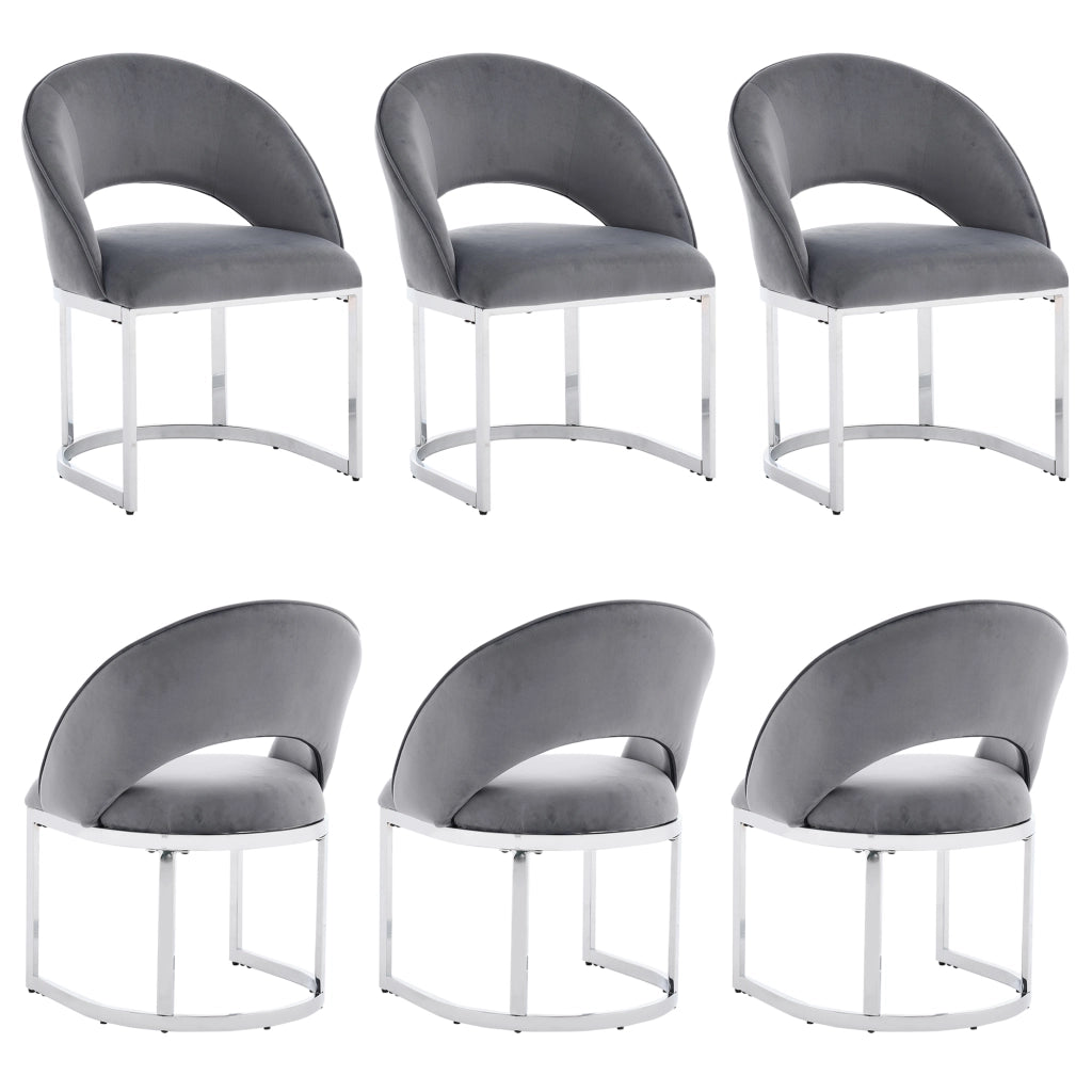 Sedia da Pranzo Set da 6 con Schienale Curvo e Gambe in Metallo Argentate, in Velluto, Grigio Argento
