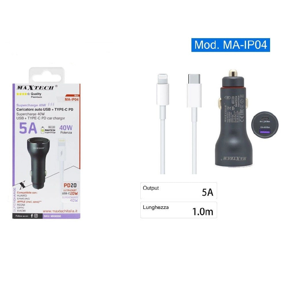 Trade Shop - Kit Caricabatterie Auto Usb/type-c Superchange Cavo Lightning Usb-c 1 Mt Ma-ip04 -