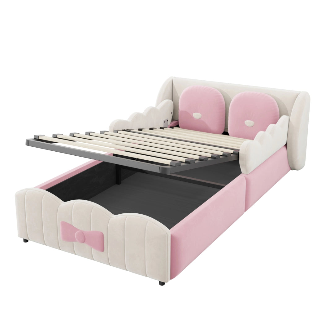 Letto per bambini imbottito 90x200 cm in velluto beige con contenitore idraulico e cuscini