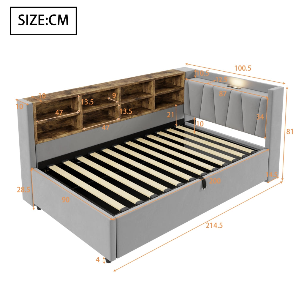 Letto imbottito 90x200 cm con contenitore idraulico; luce notturna; USB e Type-C; grigio