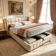 Letto contenitore 140 × 200 cm con vano sollevabile, senza materasso, in tessuto, beige