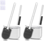 Set di 2 spazzole per wc in silicone con testa piatta e flessibile, spazzola per wc senza fori, spazzola per wc multifunzione con setola a setole, piede con fessure di ventilazione.