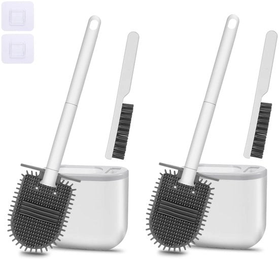 Set di 2 spazzole per wc in silicone con testa piatta e flessibile, spazzola per wc senza fori, spazzola per wc multifunzione con setola a setole, piede con fessure di ventilazione.