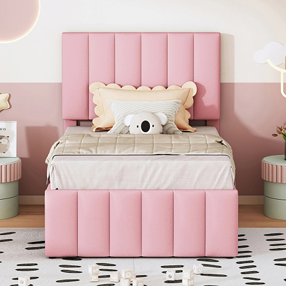 Letto singolo imbottito - Xylo - 90x200 cm - Rosa - Con letto estraibile e cassetti