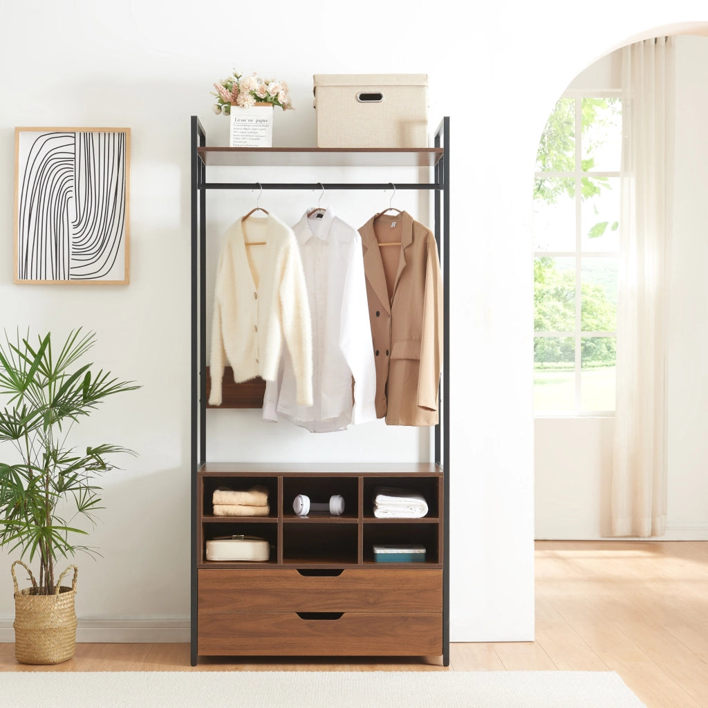 Organizzatore Guardaroba Larem Mobile Porta Abiti con Scomparti - Nero / Effetto Noce [en.casa]