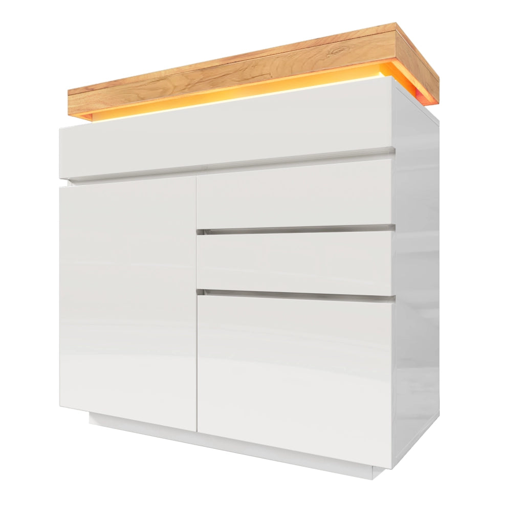 Credenza lucida con 2 ante e 3 cassetti, LED e ripiani regolabili, bianca 110 × 39 × 115 cm