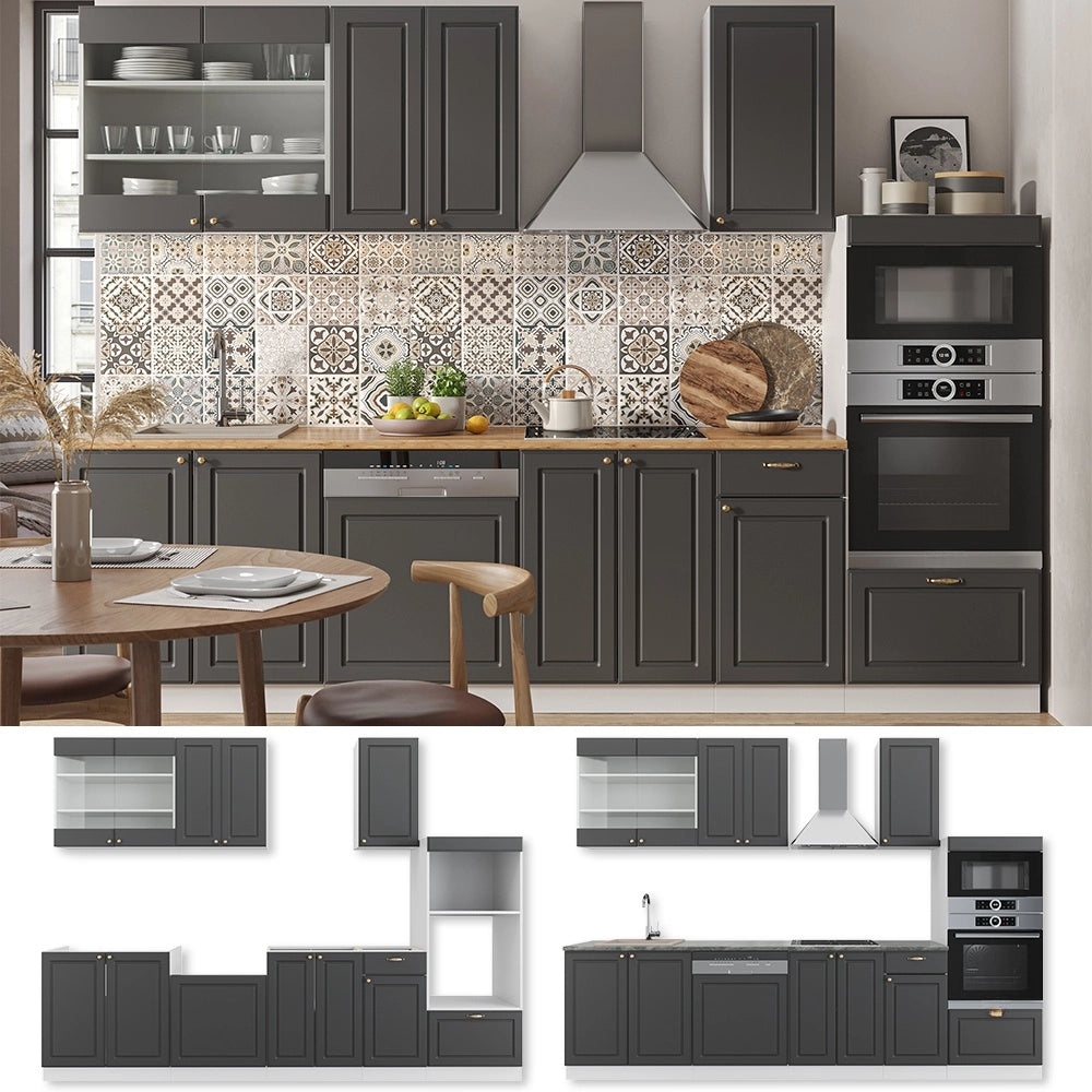 Cucina componibile Fame-Line Antracite-oro/Bianco 300 cm con armadio alto, PL Marmo Vicco