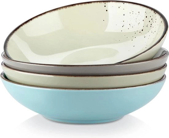 Piatto di Pasta in Ceramica 8 Pollici con Aspetto Vintage, Servizio da 4 con 700 ml di Ramen e Noedelkom
