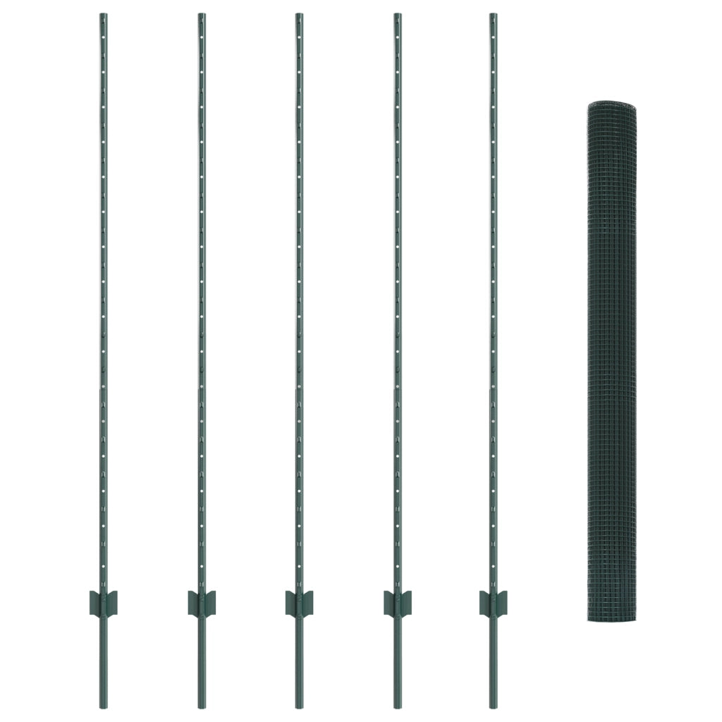 Recinzione in Rete Saldata con 5 Pali U Verde 1.5x10 m Acciaio