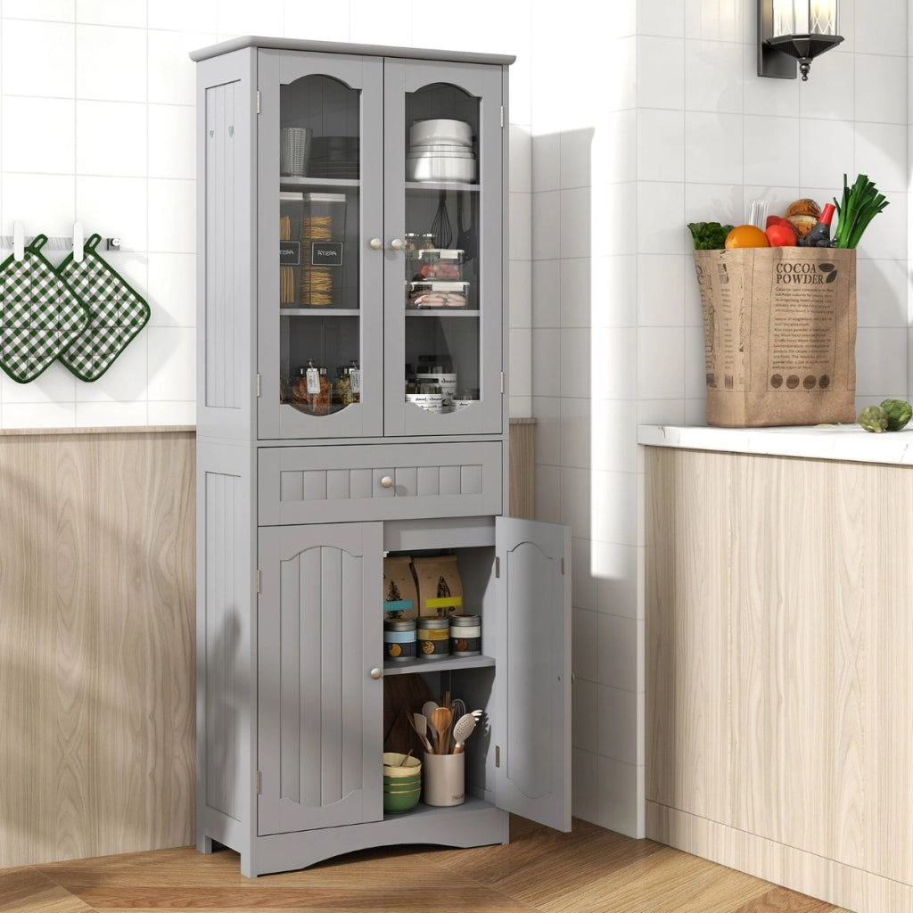 Armadio da bagno alto-Mobiletto da bagno 160cm con 2 porte in vetro 2 ripiani regolabili e 1 cassetto, Mobile autonomo per cucina Grigio