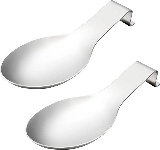 Set di 2 posatori, sospensione per cucchiai, posatore per cucchiai, 25 x 9,8 cm, posatore in acciaio inossidabile per fornello, forma a maxi-cucchiaio, per piano di lavoro (argento)