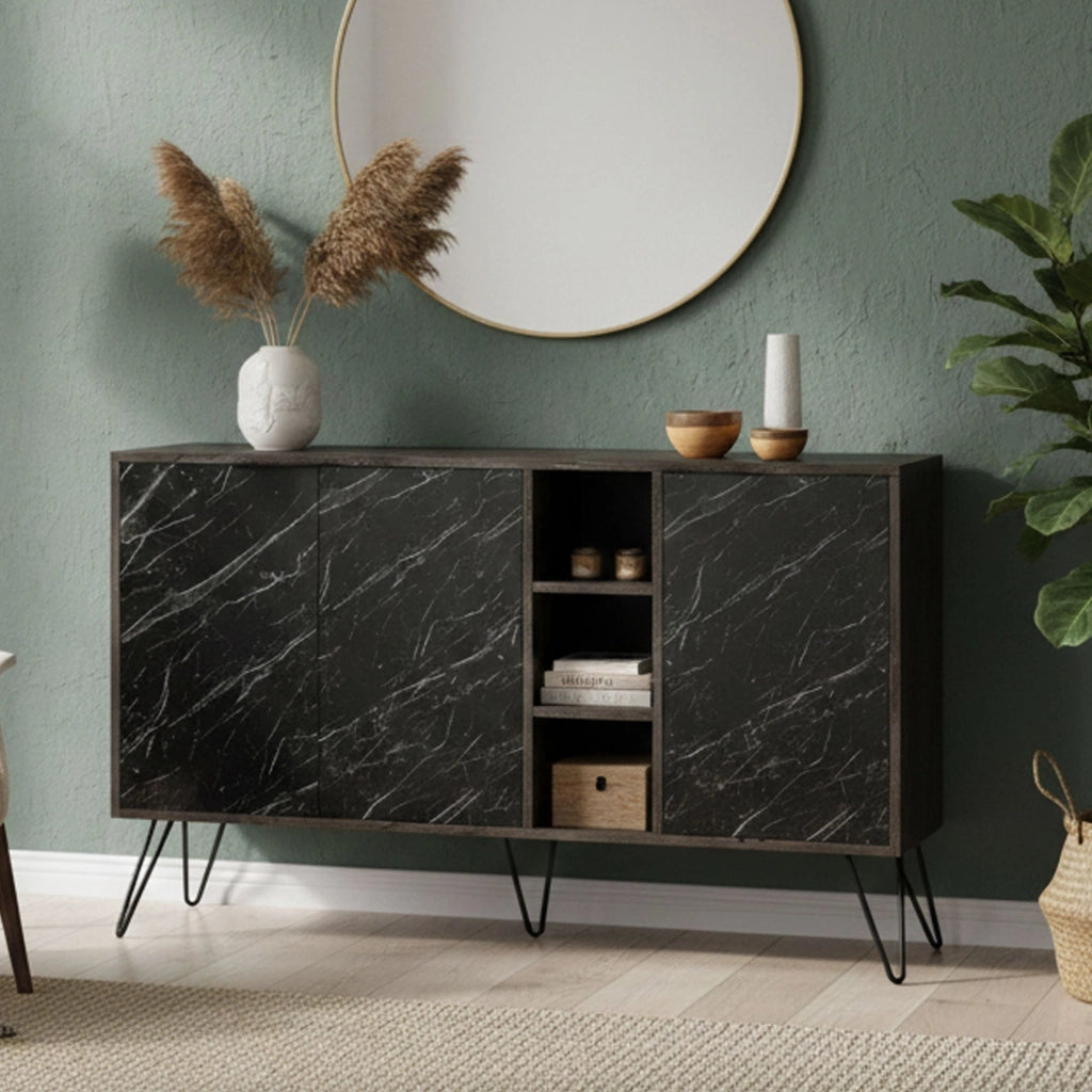 Credenza Alin, Buffet da soggiorno, Madia da salotto, Dispensa da cucina, 142x36h83 cm, Ossido e Nero Marmo