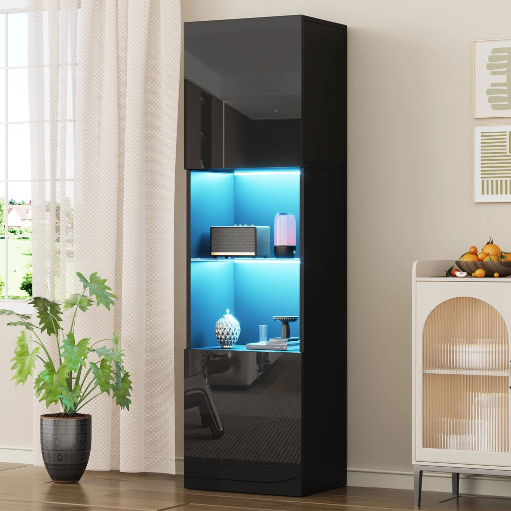 Vetrina con LED e 2 ante con ripiano in vetro temperato per soggiorno o ufficio in truciolato nero 45 × 35 × 160 cm