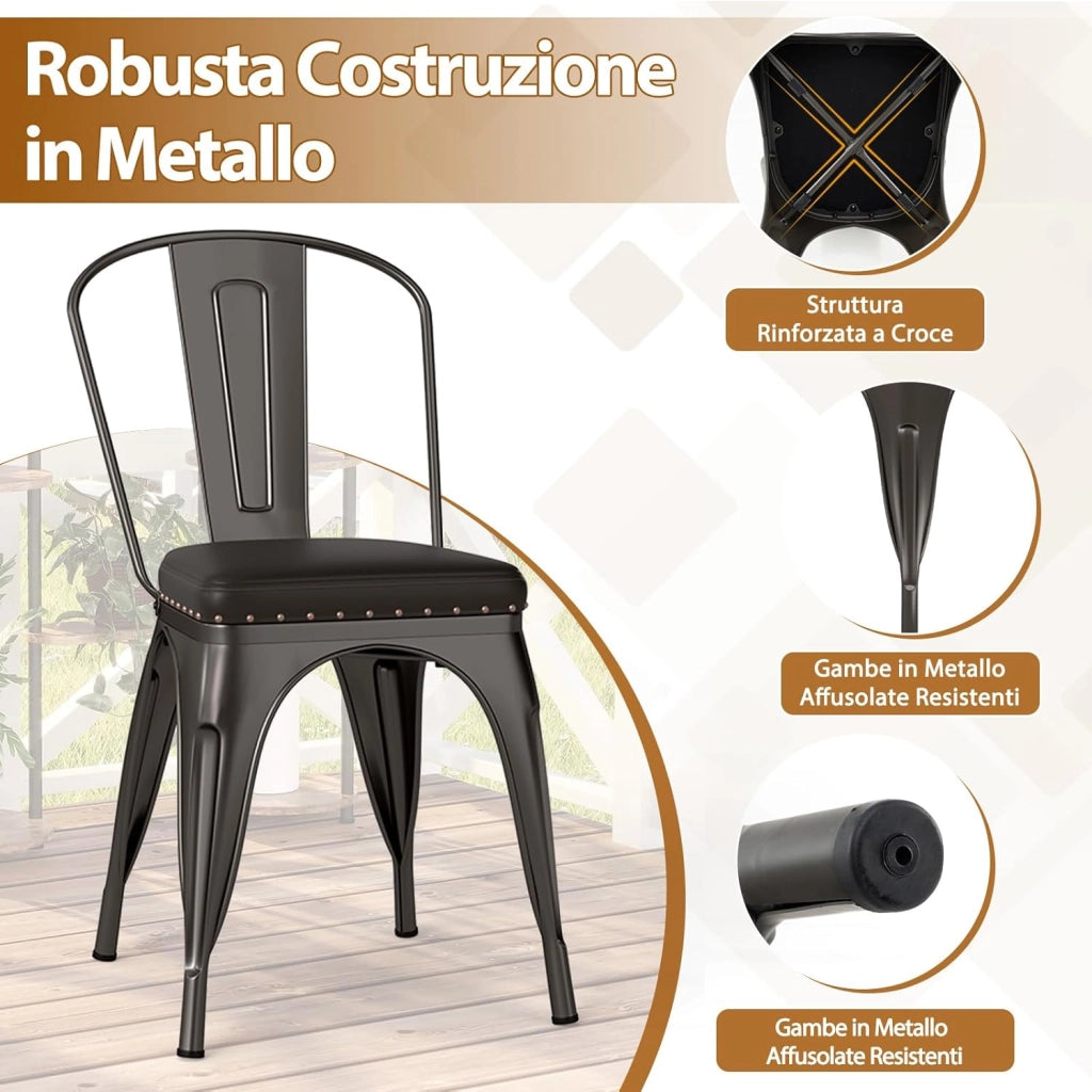 4 Sgabelli Cucina 53 x 44 x 84 cm, Sedie Impilabili con Schienali Rimovibili e Sedile Imbottito in Finta Pelle, Sgabelli in Metallo per Ristorante, Bistro e Bar (Colore Ruggine)