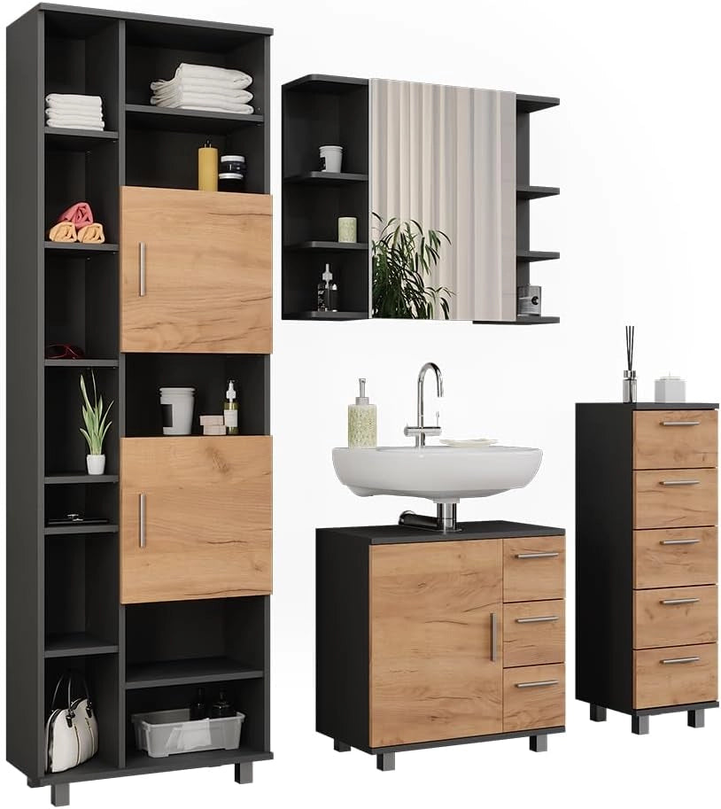 Set di mobili da bagno Ilias, Antracite/quercia dorata, 60.2 cm, composto da mobile lavabo, pensile a specchio, colonna e base media
