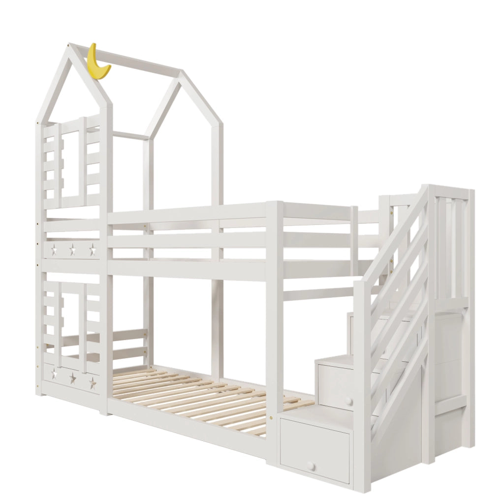 Letto a castello a casetta con cassetti e scala contenitore; 90x200 cm; bianco