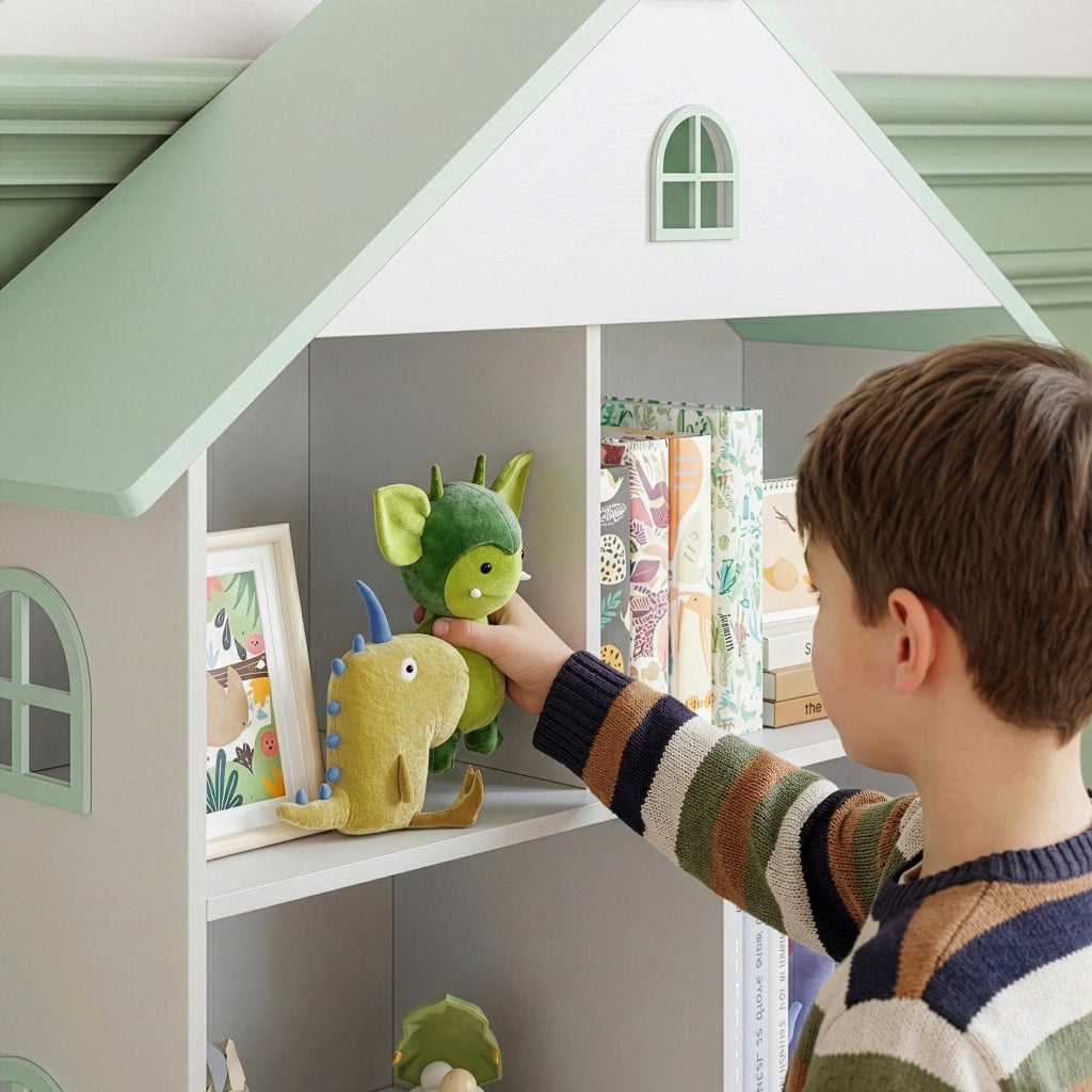 Libreria Vipsali per Cameretta a Forma di Casa 107 x 83 x 30 cm - Bianco / Menta Verde [en.casa]