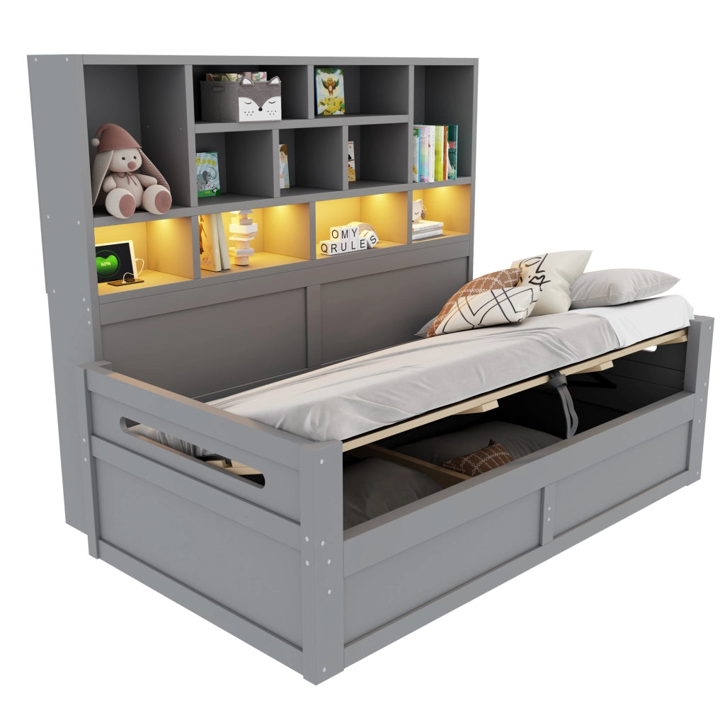 Letto contenitore 90x200 cm con sollevamento idraulico; LED; USB e ripiani portaoggetti; MDF grigio
