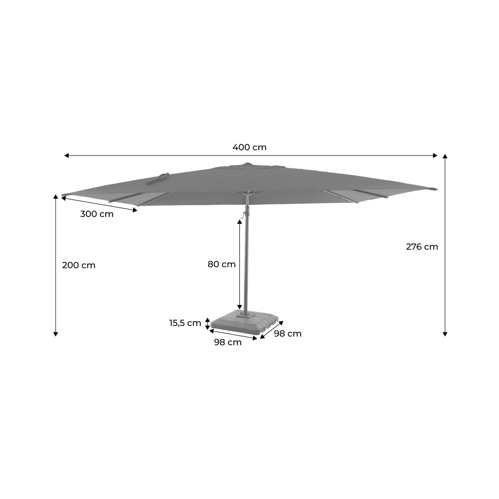 Ombrellone rettangolare eccentrico, 3x4m + copertura + base 98x98cm,