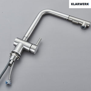 FELICE| Rubinetto da cucina estraibile Premium in acciaio inox argento spazzolato |Miscelatore canna dritta|gastronomia alta pressione 360° 2 attacchi