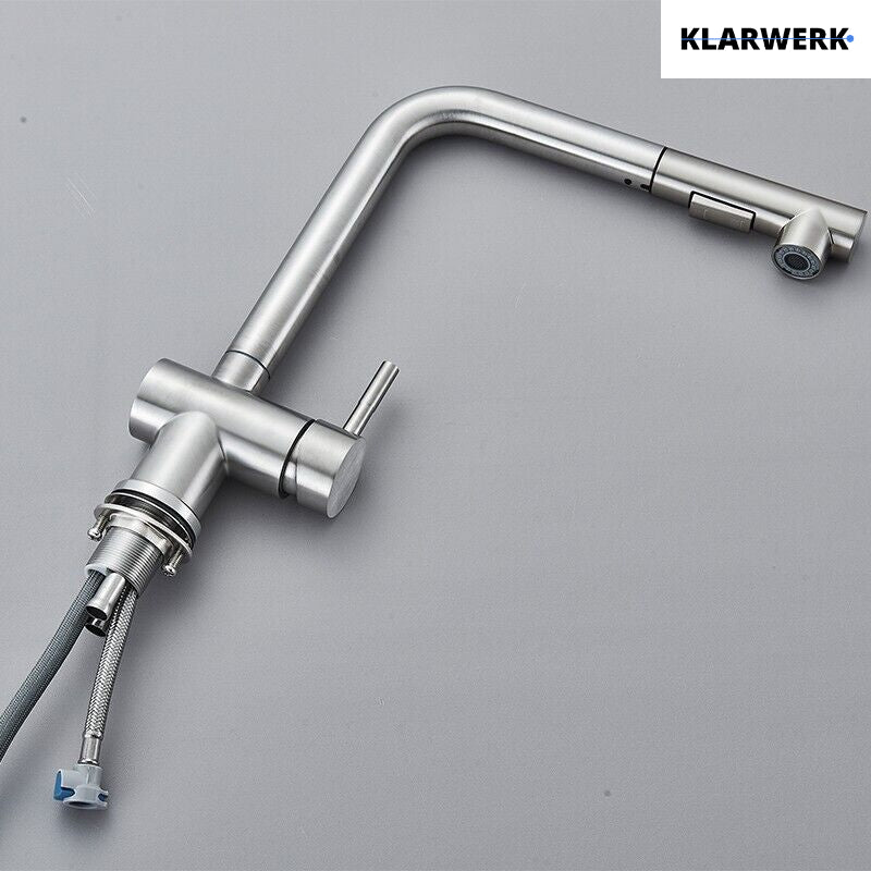 FELICE| Rubinetto da cucina estraibile Premium in acciaio inox argento spazzolato |Miscelatore canna dritta|gastronomia alta pressione 360° 2 attacchi
