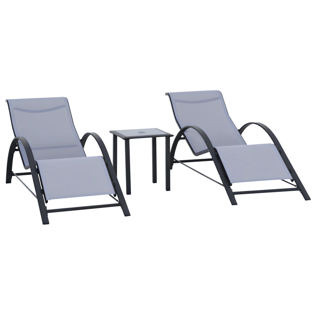 Set di 2 Lettini Prendisole e Tavolino con Piano in Vetro, 59x169x66 cm, Grigio Chiaro