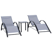 Set di 2 Lettini Prendisole e Tavolino con Piano in Vetro, 59x169x66 cm, Grigio Chiaro