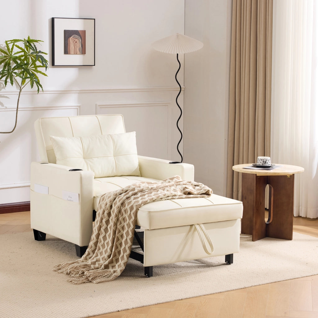 Divano letto singolo 3 in 1 con portabicchieri e tasca laterale in pelle PU bianca legno e metallo per piccoli spazi