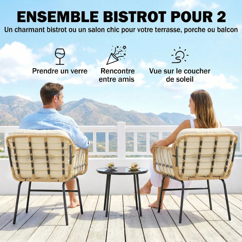 Set da giardino 3 pezzi in rattan ¨C zephmum ¨C verde kaki, tavolo in vetro temperato, cuscini, 62x73x79cm
