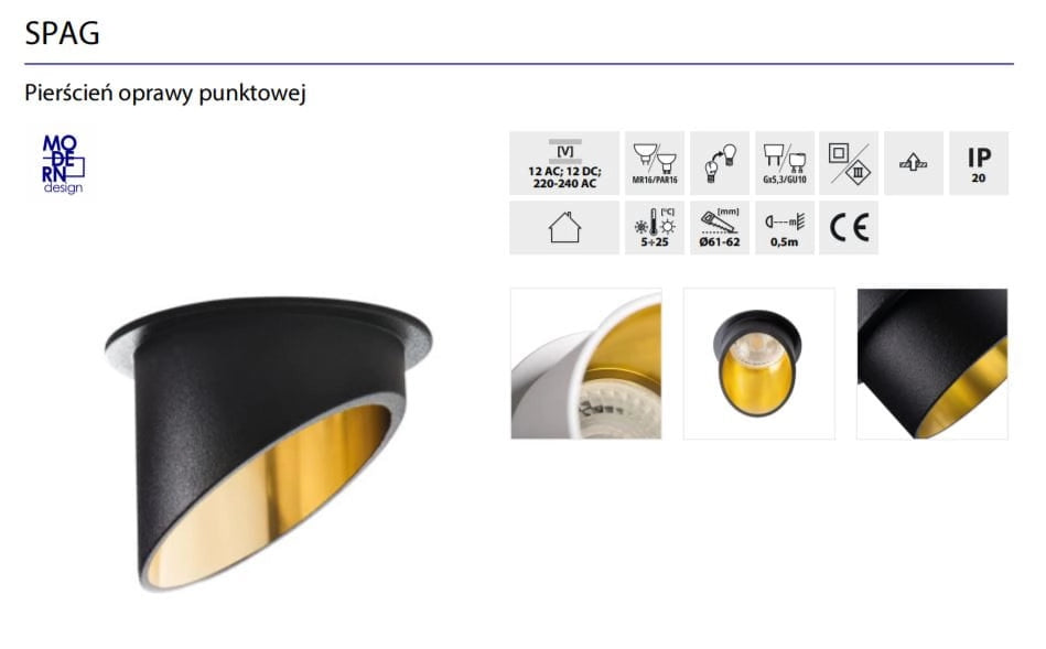 Kanlux SPAG 27322 faretto da incasso rotondo nero oro GU10 35W