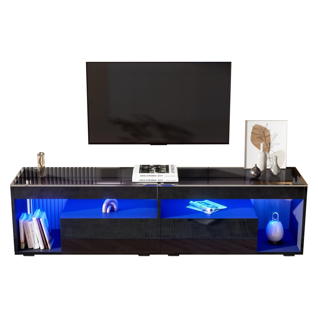Mobile TV LED nero lucido con 2 cassetti e ripiani in vetro temperato; 180 x 40 x 46 cm