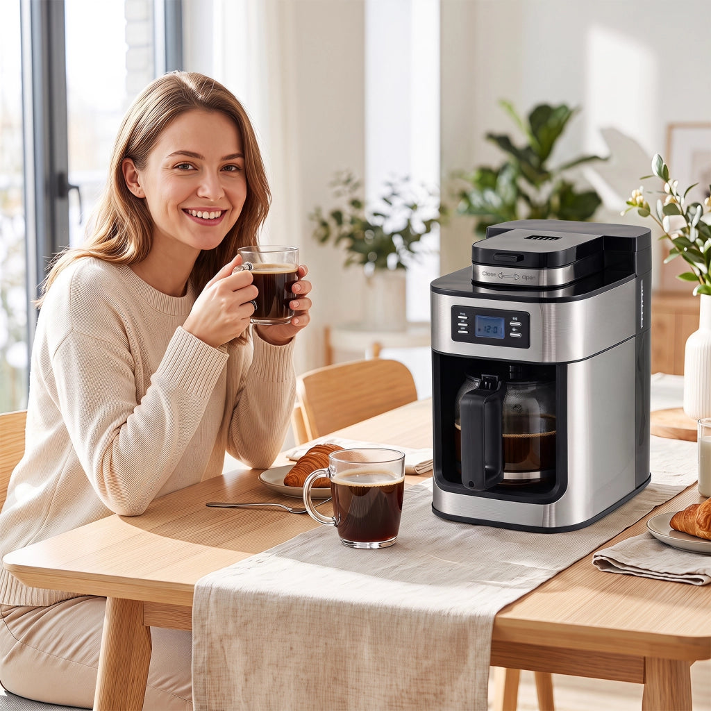 Macchina da caff¨¨ con caraffa da 1 l con funzione timer e filtro rimovibile, Macinacaff¨¨ elettrico compatto per cucina e ufficio