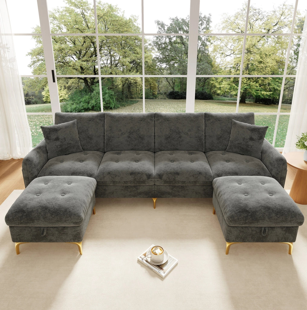 Divano modulare a U 4 posti con 2 pouf contenitori e 2 cuscini decorativi, dimensioni totali 263×137×85 cm, grigio