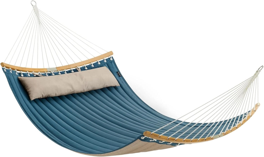 SONGMICS Amaca Doppia Imbottita, Amaca da Campeggio Giardino con Barre Curve in Bambù Separabili, con Cuscino, 200 x 140 cm, Max Portata 225 kg, Grigio e Beige GDC34CG