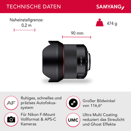 Obiettivo ultra grandangolare AF 14mm F2,8 per Nikon F– angolo di campo 116,6° e autofocus – Grandangolo full-frame per fotocamere APS-C