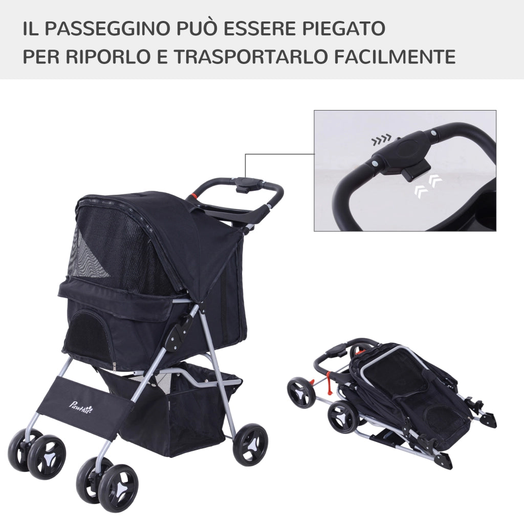 EasyComfort Passeggino per Cani Piccoli Pieghevole, Carrozzina per Cani con Ruote con Freni, Portabicchieri, Cestino Portaoggetti, 3 Finestre e Ruote Anteriori a 360°, per Animali Domestici 10 kg, Nero